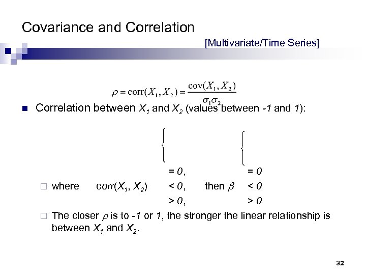 Covariance and Correlation [Multivariate/Time Series] n Correlation between X 1 and X 2 (values