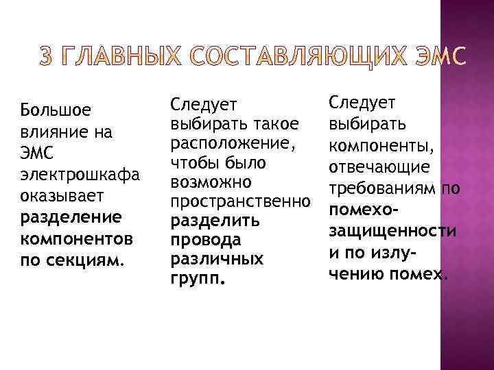 Большое влияние на ЭМС электрошкафа оказывает разделение компонентов по секциям. Следует выбирать такое расположение,