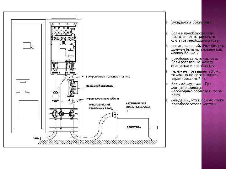  Открытая установка Если в преобразователе частоты нет встроенного фильтра, необходимо установить внешний. Этот