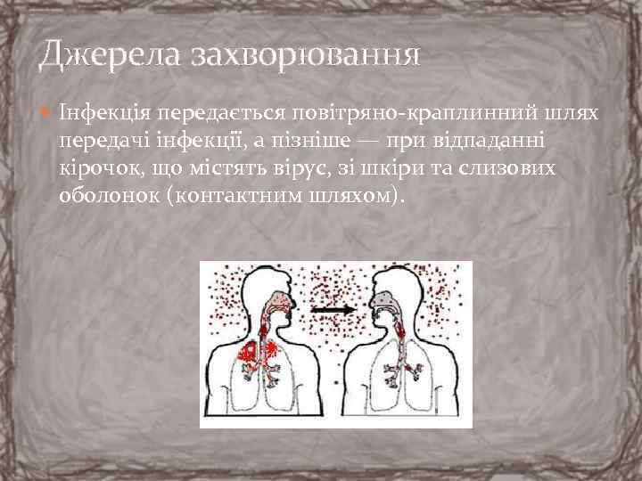 Джерела захворювання Інфекція передається повітряно-краплинний шлях передачі інфекції, а пізніше — при відпаданні кірочок,