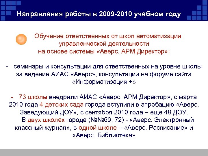 Направления работы в 2009 -2010 учебном году Обучение ответственных от школ автоматизации управленческой деятельности