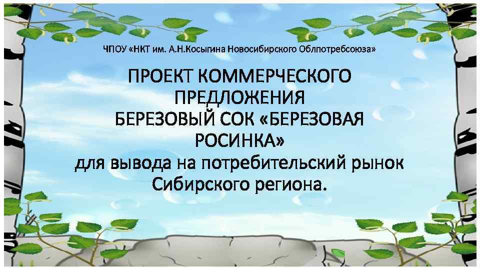 ЧПОУ «НКТ им. А. Н. Косыгина Новосибирского Облпотребсоюза» ПРОЕКТ КОММЕРЧЕСКОГО ПРЕДЛОЖЕНИЯ БЕРЕЗОВЫЙ СОК «БЕРЕЗОВАЯ