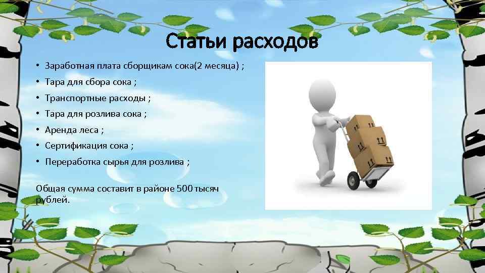 Статьи расходов • Заработная плата сборщикам сока(2 месяца) ; • Тара для сбора сока