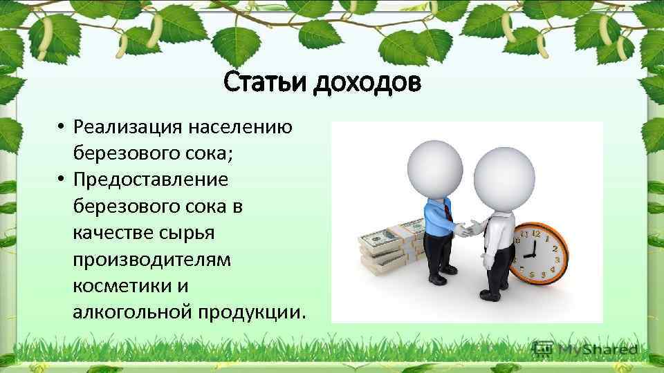 Статьи доходов • Реализация населению березового сока; • Предоставление березового сока в качестве сырья