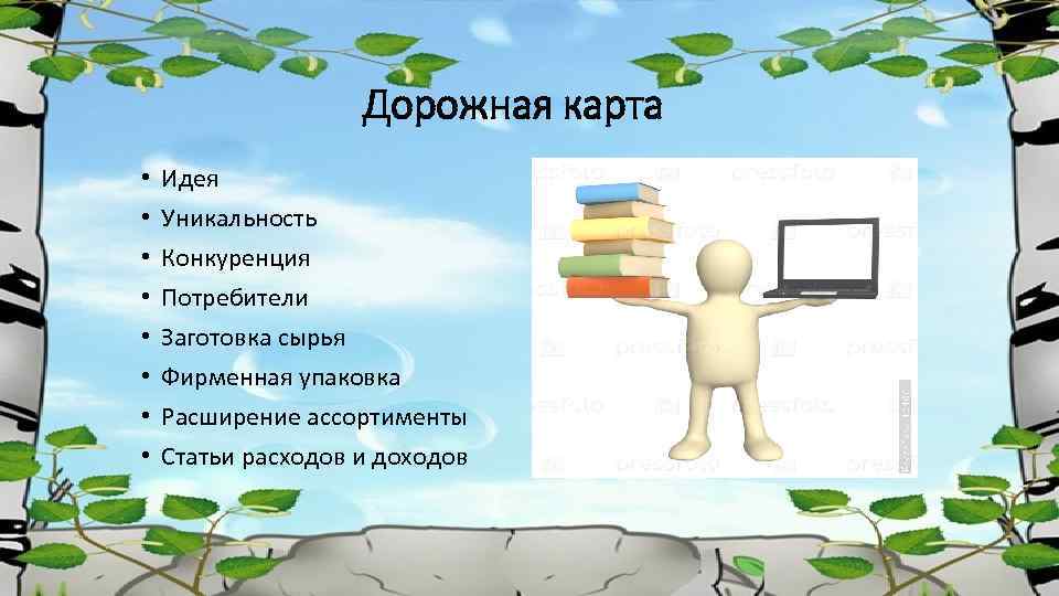 Дорожная карта • • Идея Уникальность Конкуренция Потребители Заготовка сырья Фирменная упаковка Расширение ассортименты