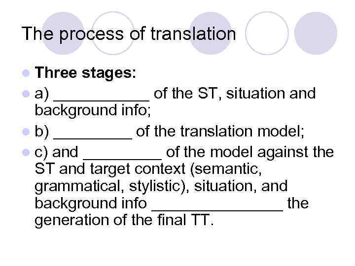 The process of translation l Three stages: l a) ______ of the ST, situation