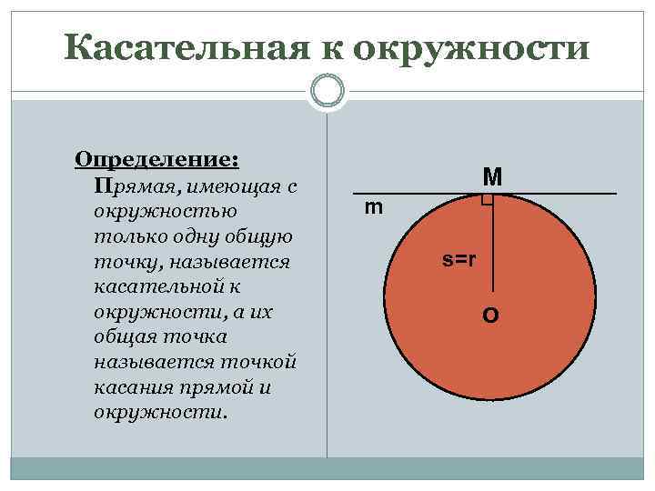 Касательная к окружности Определение: Прямая, имеющая с окружностью только одну общую точку, называется касательной