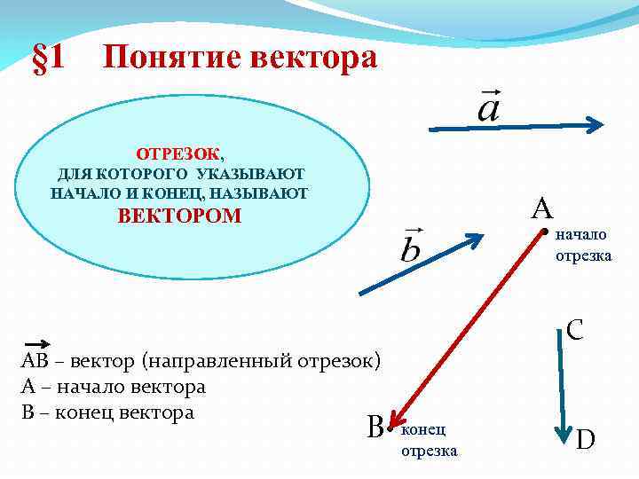 § 1 Понятие вектора ОТРЕЗОК, ДЛЯ КОТОРОГО УКАЗЫВАЮТ НАЧАЛО И КОНЕЦ, НАЗЫВАЮТ A •