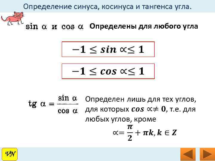 Определение синуса, косинуса и тангенса угла. Определены для любого угла VN VN 