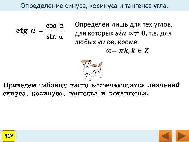 Определение синуса, косинуса и тангенса угла. VN VN 