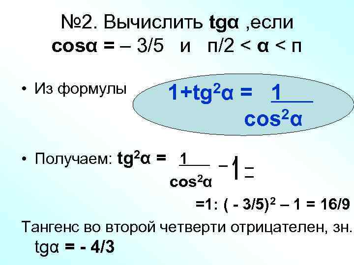 № 2. Вычислить tgα , если cosα = – 3/5 и п/2 < α
