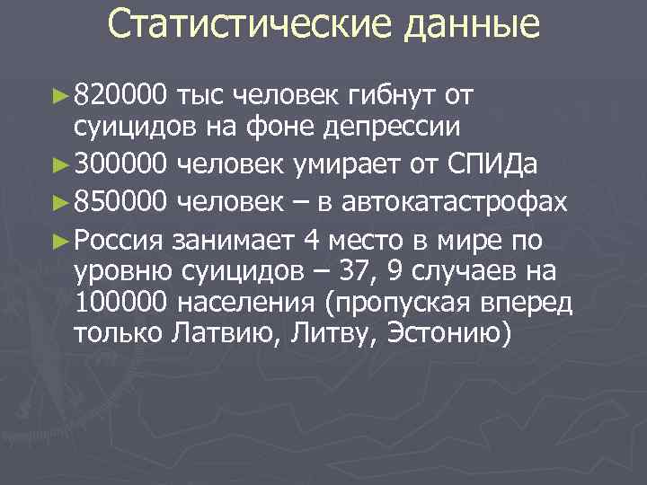 Статистические данные ► 820000 тыс человек гибнут от суицидов на фоне депрессии ► 300000