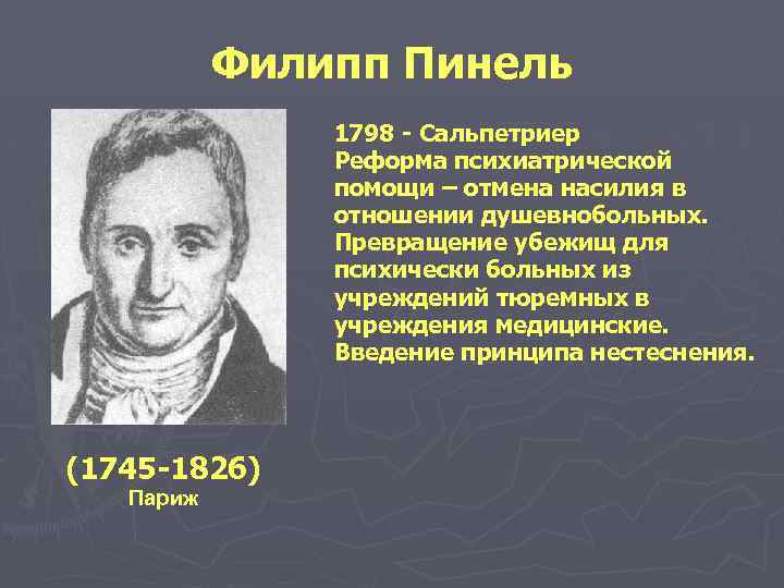Филипп Пинель 1798 - Сальпетриер Реформа психиатрической помощи – отмена насилия в отношении душевнобольных.