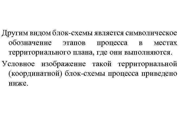 Другим видом блок схемы является символическое обозначение этапов процесса в местах территориального плана, где