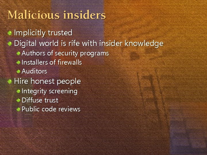 Malicious insiders Implicitly trusted Digital world is rife with insider knowledge Authors of security