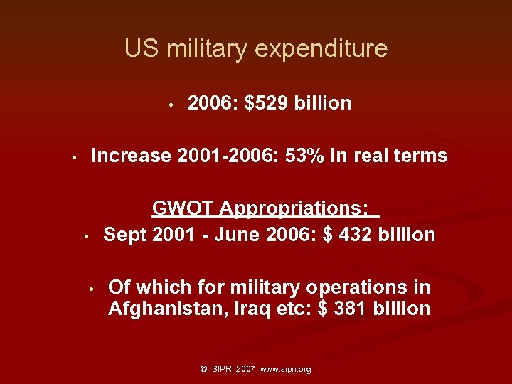 US military expenditure • 2006: $529 billion Increase 2001 -2006: 53% in real terms
