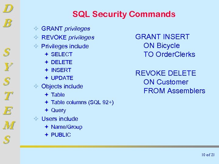 D B S Y S T E M S SQL Security Commands ² GRANT