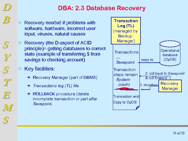 D B S Y S T E M S DBA: 2. 3 Database Recovery