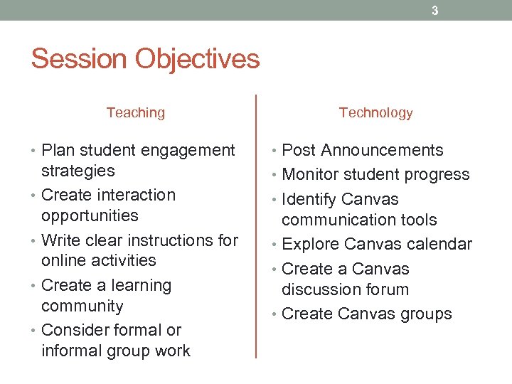 3 Session Objectives Teaching Technology • Plan student engagement • Post Announcements strategies •