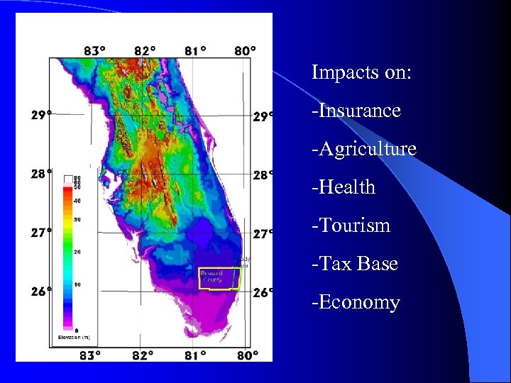Impacts on: -Insurance -Agriculture -Health -Tourism -Tax Base -Economy 