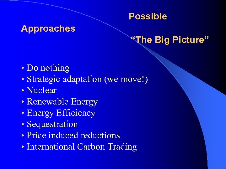 Possible Approaches “The Big Picture” • Do nothing • Strategic adaptation (we move!) •