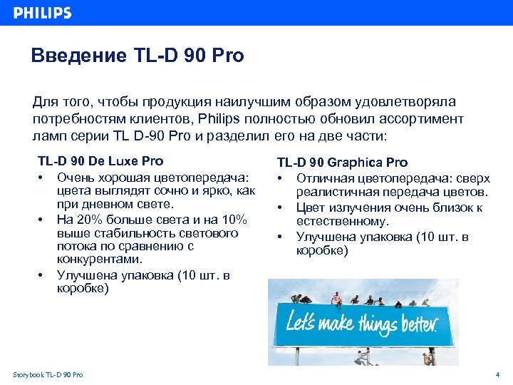 Введение TL-D 90 Pro Для того, чтобы продукция наилучшим образом удовлетворяла потребностям клиентов, Philips