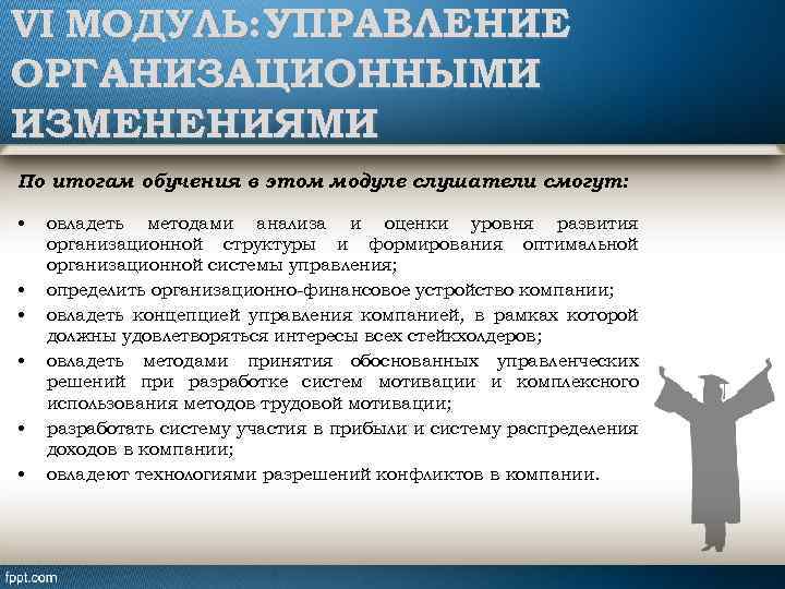VI МОДУЛЬ: УПРАВЛЕНИЕ ОРГАНИЗАЦИОННЫМИ ИЗМЕНЕНИЯМИ По итогам обучения в этом модуле слушатели смогут: •