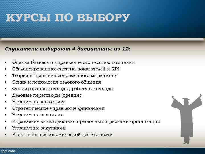 КУРСЫ ПО ВЫБОРУ Слушатели выбирают 4 дисциплины из 12: • • • Оценка бизнеса