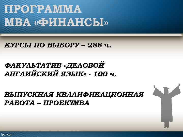 ПРОГРАММА MBA «ФИНАНСЫ» КУРСЫ ПО ВЫБОРУ – 288 ч. ФАКУЛЬТАТИВ «ДЕЛОВОЙ АНГЛИЙСКИЙ ЯЗЫК» -