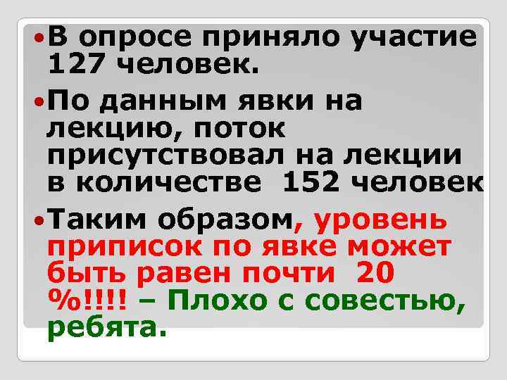  В опросе приняло участие 127 человек. По данным явки на лекцию, поток присутствовал