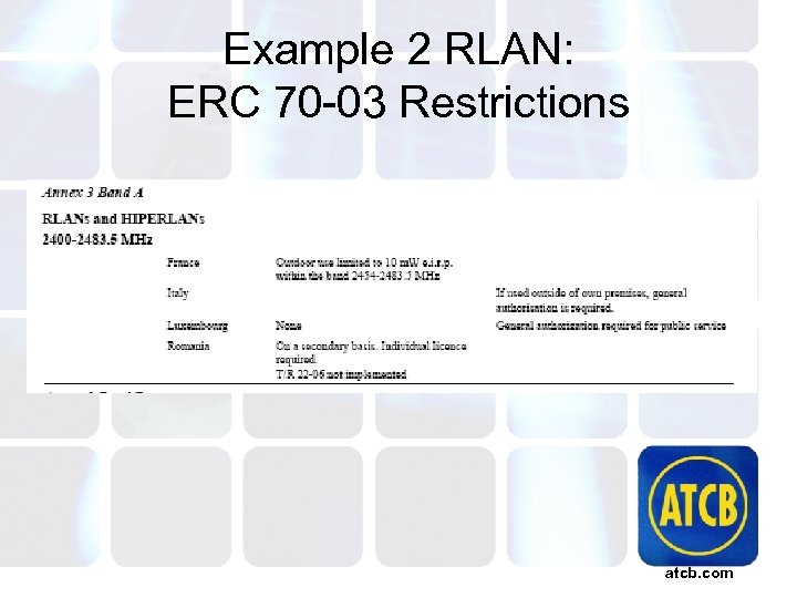 Example 2 RLAN: ERC 70 -03 Restrictions atcb. com 