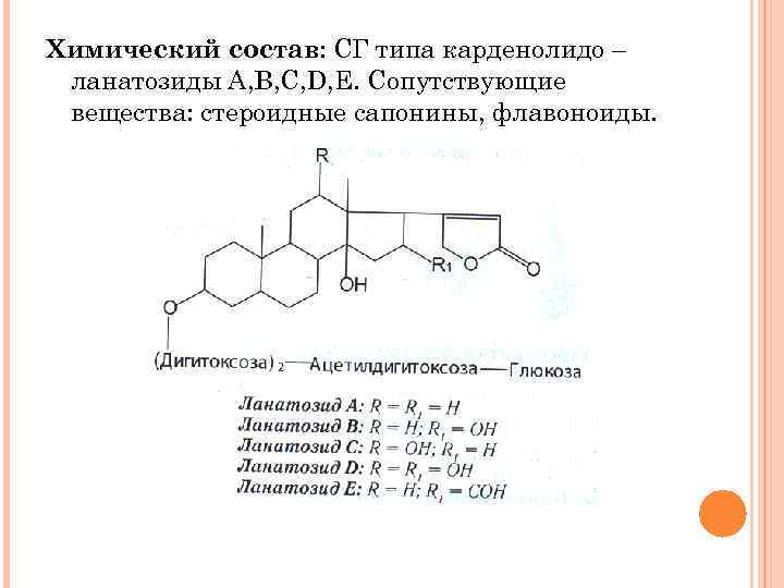 Химический состав: СГ типа карденолидо – ланатозиды А, В, С, D, Е. Сопутствующие вещества: