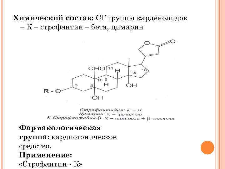 Химический состав: СГ группы карденолидов – К – строфантин – бета, цимарин Фармакологическая группа: