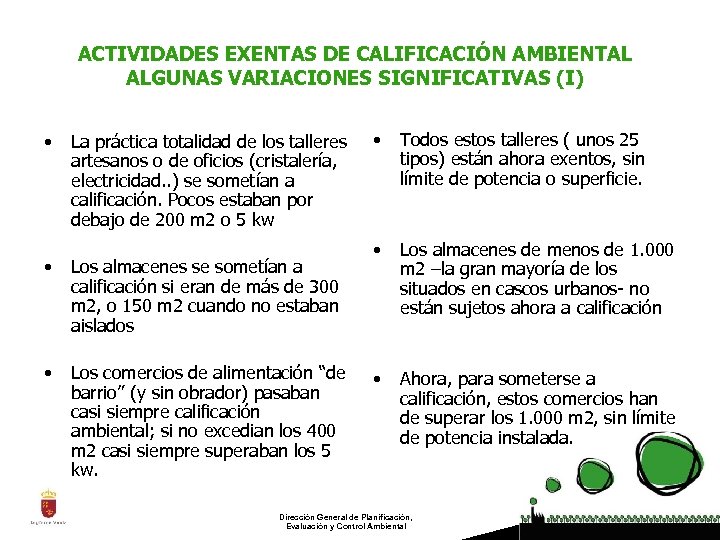 ACTIVIDADES EXENTAS DE CALIFICACIÓN AMBIENTAL ALGUNAS VARIACIONES SIGNIFICATIVAS (I) • La práctica totalidad de