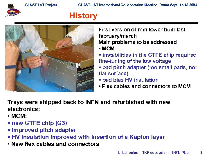 GLAST LAT Project GLAST-LAT International Collaboration Meeting, Roma Sept. 15 -18 2003 History First