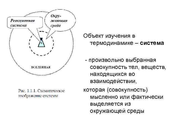 Объект изучения в термодинамике – система - произвольно выбранная совокупность тел, веществ, находящихся во