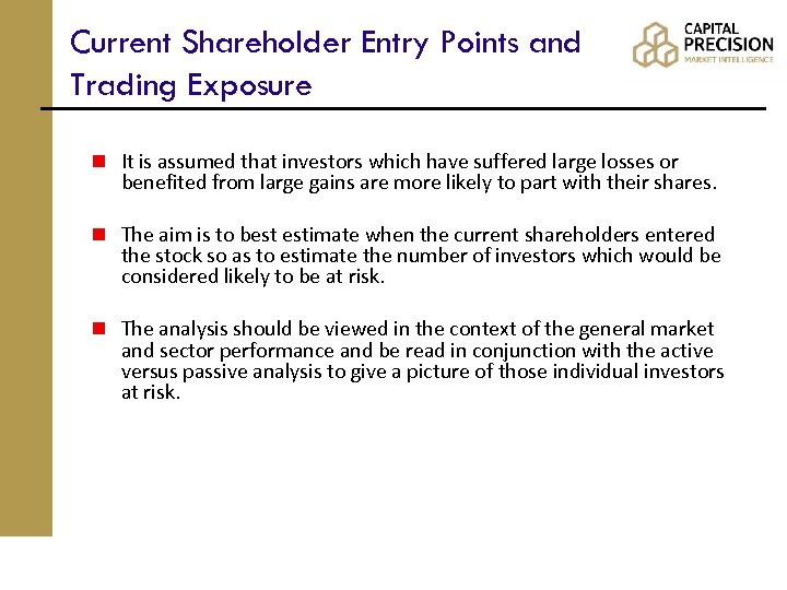 Current Shareholder Entry Points and Trading Exposure n It is assumed that investors which