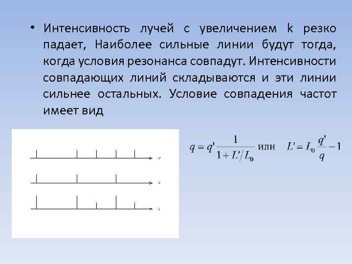  • Интенсивность лучей с увеличением k резко падает, Наиболее сильные линии будут тогда,