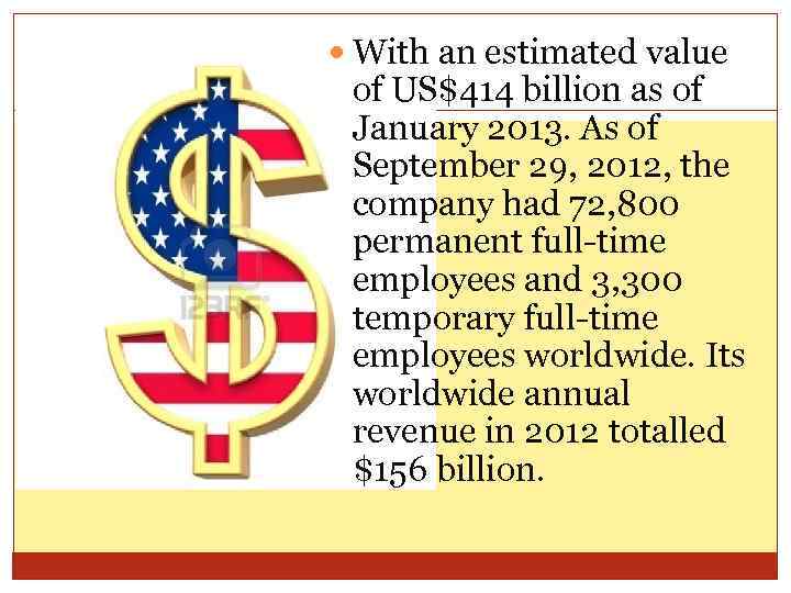  With an estimated value of US$414 billion as of January 2013. As of