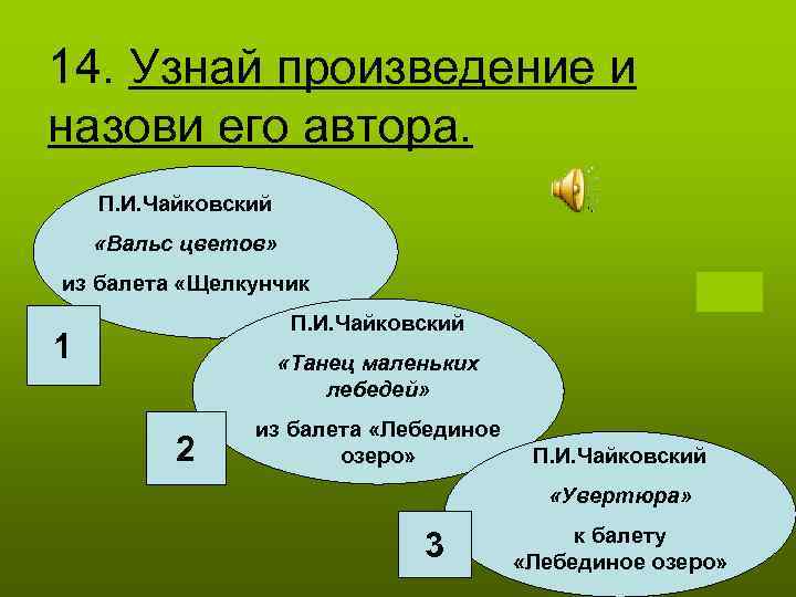 14. Узнай произведение и назови его автора. П. И. Чайковский «Вальс цветов» из балета