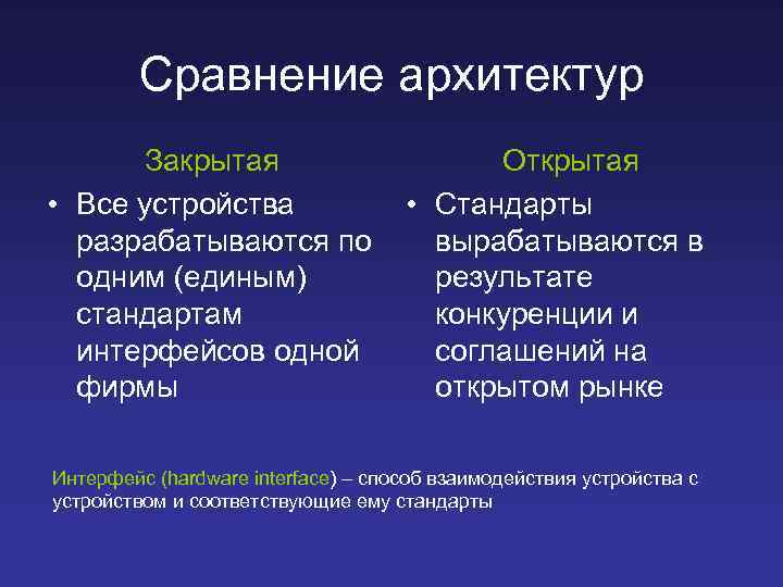 Сравнение архитектур Закрытая Открытая • Все устройства • Стандарты разрабатываются по вырабатываются в одним