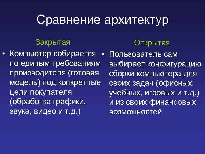 Сравнение архитектур Закрытая • Компьютер собирается • по единым требованиям производителя (готовая модель) под