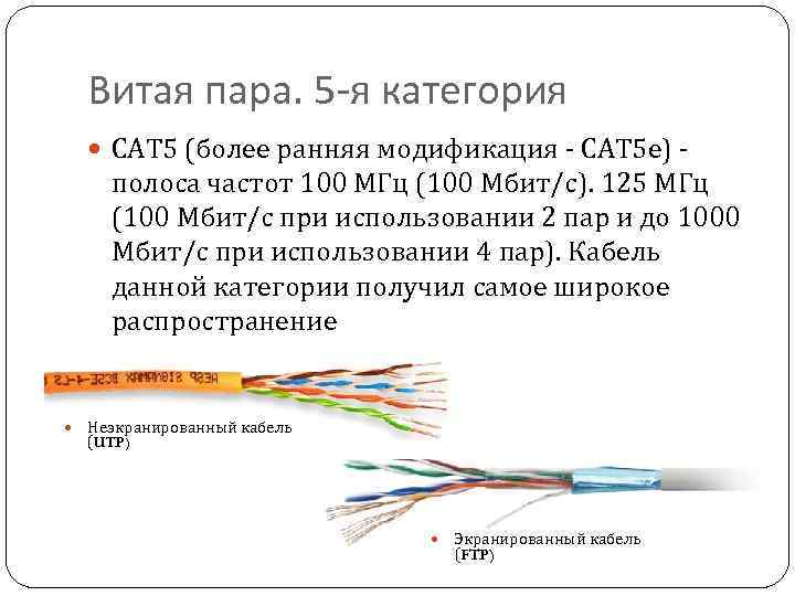 Витая пара. 5 -я категория CAT 5 (более ранняя модификация - CAT 5 е)