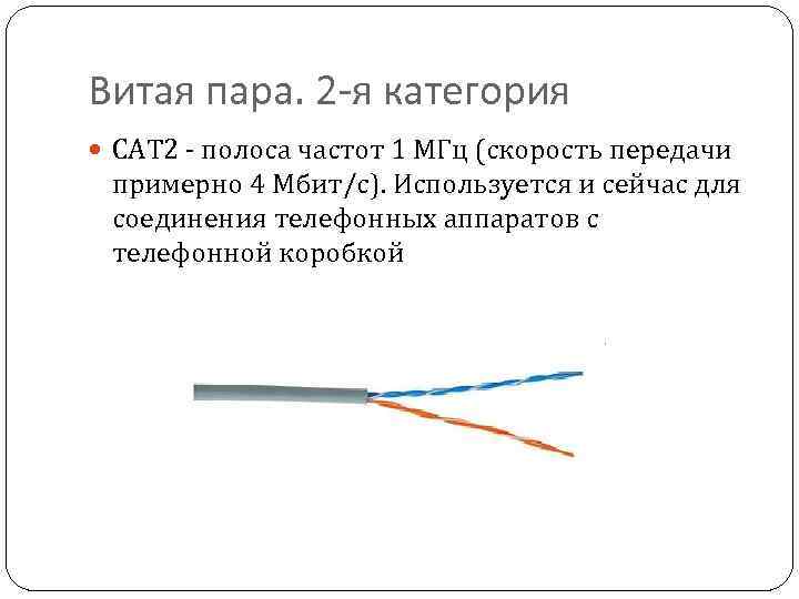 Витая пара. 2 -я категория CAT 2 - полоса частот 1 МГц (скорость передачи