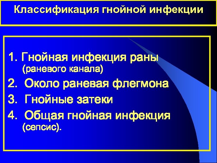 Классификация гнойной инфекции 1. Гнойная инфекция раны (раневого канала) 2. Около раневая флегмона 3.