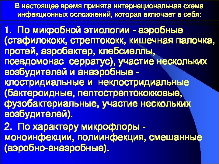 В настоящее время принята интернациональная схема инфекционных осложнений, которая включает в себя: 1. По