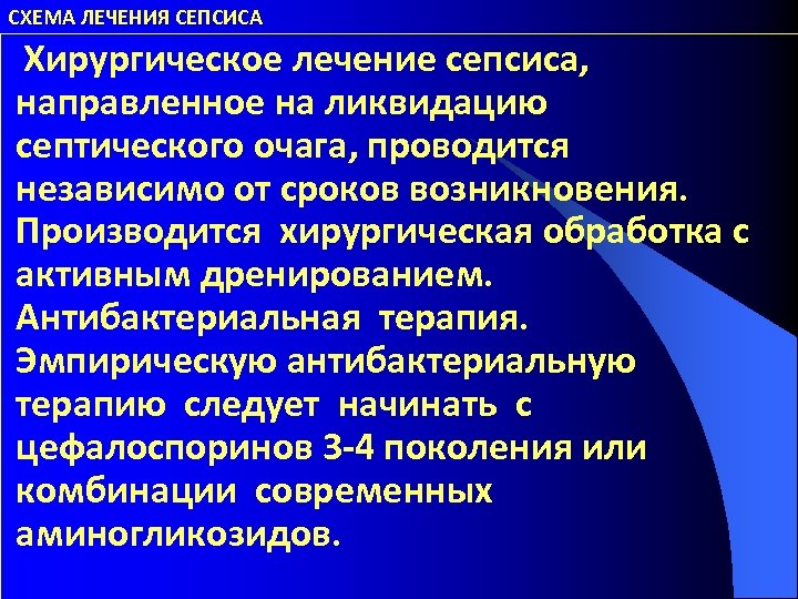 СХЕМА ЛЕЧЕНИЯ СЕПСИСА Хирургическое лечение сепсиса, направленное на ликвидацию септического очага, проводится независимо от