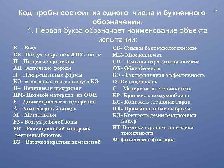 Код пробы состоит из одного числа и буквенного обозначения. 1. Первая буква обозначает наименование