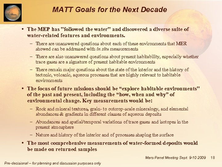 MATT Goals for the Next Decade • The MEP has 