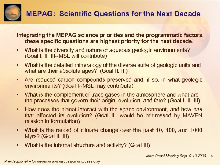 MEPAG: Scientific Questions for the Next Decade Integrating the MEPAG science priorities and the
